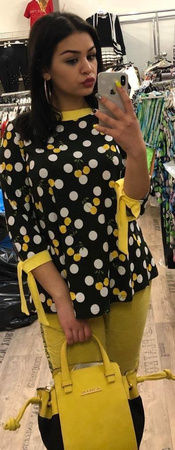 DOTS YELLOW czarna TUNIKA z wiskozy, print białe kropki i wisienki, modna, stylowa i elegancka od RosaRosie