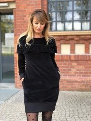 FLORENCE BLACK schwarzes Frotteekleid, Rundhalsausschnitt und bequeme Ärmel F